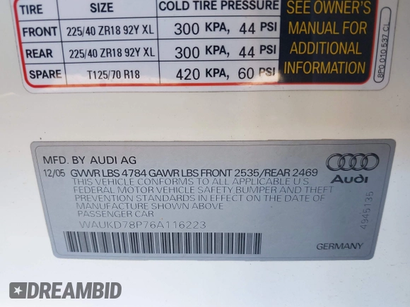 2006 Audi A3 S-Line with VIN WAUKD78P76A116223, listed as a IAAI auction lot 41409659 with 96,735 mi miles. Bid and sale history available at carsss.com. Image 9.