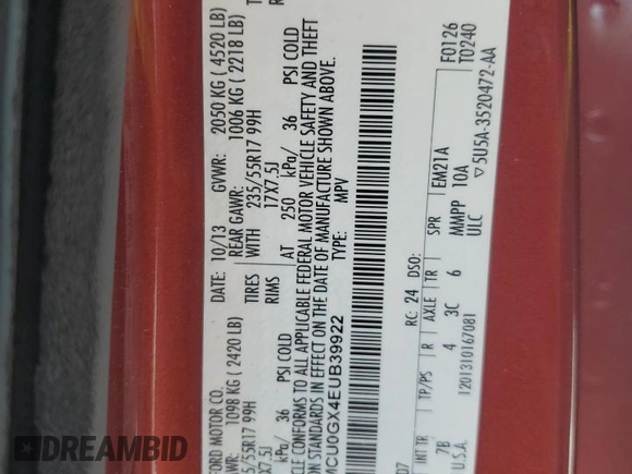 2014 Ford Escape SE with VIN 1FMCU0GX4EUB39922, listed as a Copart auction lot 51911545 with 132,334 mi miles and Clean Title. Bid and sale history available at DreamBid. Image 13.