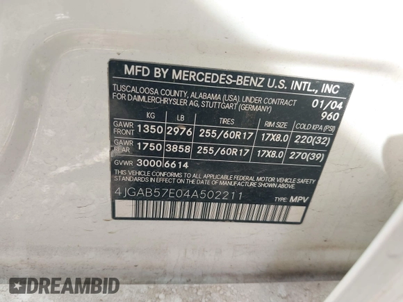2004 Mercedes-Benz M 350 z VIN 4JGAB57E04A502211, wystawiony jako IAAI lot #39441932 z przebiegiem Nie podano mil oraz . Historia ofert i sprzedaży dostępna na DreamBid. Obrazek 9.