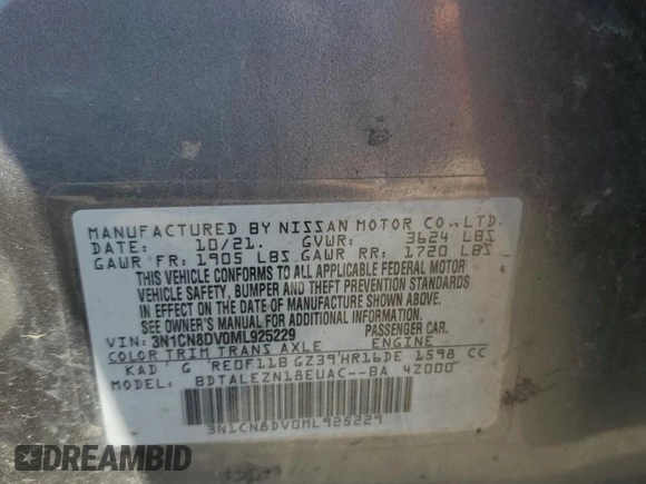 2021 Nissan Versa S with VIN 3N1CN8DV0ML925229, listed as a Copart auction lot 53815695 with 116,842 mi miles and Clean title. Bid and sale history available at DreamBid. Image 12.