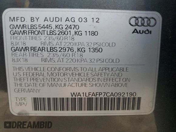 2012 Audi Q5 2.0T Premium Plus with VIN WA1LFAFP7CA092190, listed as a Copart auction lot 72396154 with 137,504 mi miles and Salvage Title. Bid and sale history available at carsss.com. Image 12.