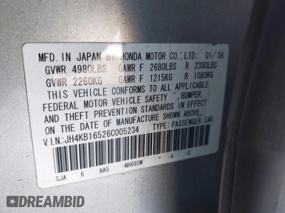 2006 Acura RL with VIN JH4KB16526C005234, listed as a IAAI auction lot 42130374 with 343,839 mi miles and . Bid and sale history available at DreamBid. Image 9.