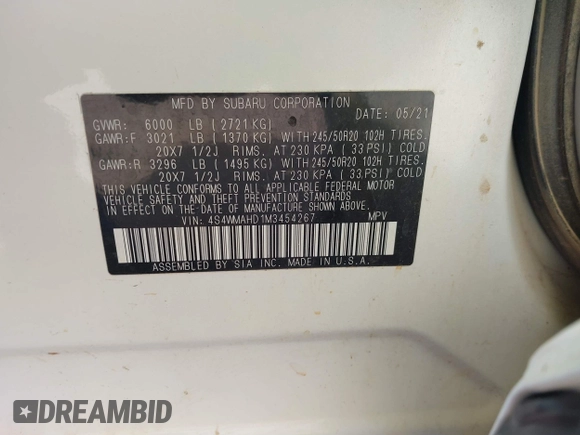 2021 Subaru Ascent Premium with VIN 4S4WMAHD1M3454267, listed as a IAAI auction lot 41854216 with 85,970 mi miles and . Bid and sale history available at DreamBid. Image 9.