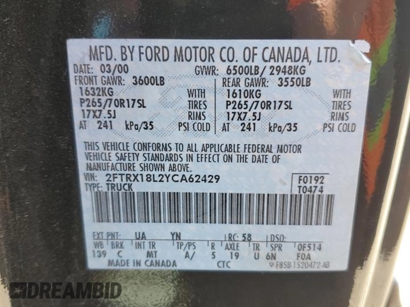 2000 Ford F-150 XL with VIN 2FTRX18L2YCA62429, listed as a Copart auction lot 56033895 with 180,156 mi miles and Non repairable. Bid and sale history available at DreamBid. Image 12.