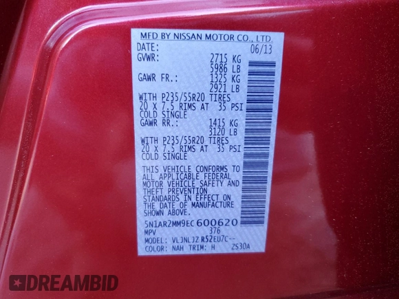 2014 Nissan Pathfinder S with VIN 5N1AR2MM9EC600620, listed as a Copart auction lot 52023385 with 133,788 mi miles and Salvage title. Bid and sale history available at DreamBid. Image 15.