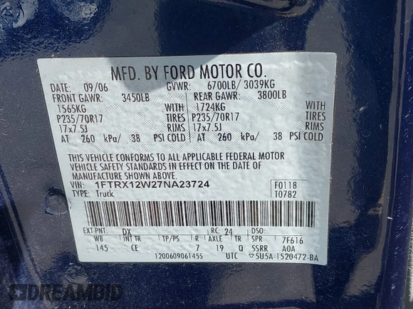 2007 Ford F-150 STX with VIN 1FTRX12W27NA23724, listed as a IAAI auction lot 41789668 with 255,067 mi miles and . Bid and sale history available at DreamBid. Image 9.
