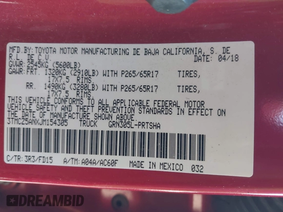2018 Toyota Tacoma SR with VIN 3TMCZ5ANXJM154305, listed as a IAAI auction lot 41557497 with 182,624 mi miles and . Bid and sale history available at DreamBid. Image 9.