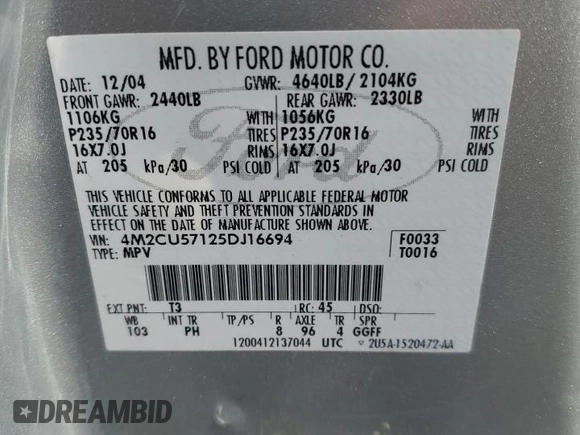 2005 Mercury Mariner Luxury z VIN 4M2CU57125DJ16694, wystawiony jako Copart lot #69063704 z przebiegiem 222 793 mil mil oraz Szkoda całkowita • Salvage title. Historia ofert i sprzedaży dostępna na DreamBid. Obrazek 14.