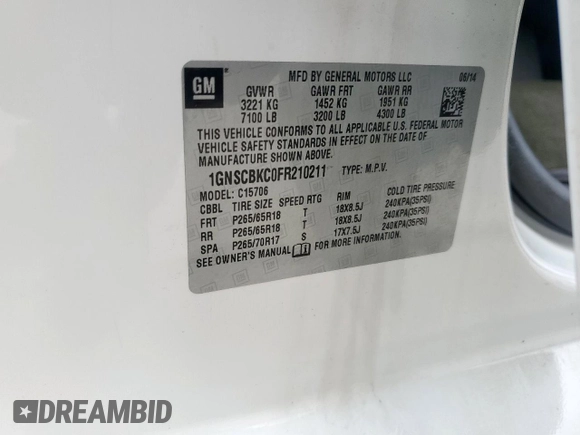 2015 Chevrolet Tahoe LT with VIN 1GNSCBKC0FR210211, listed as a Copart auction lot 55496995 with 128,296 mi miles and Salvage title. Bid and sale history available at DreamBid. Image 13.