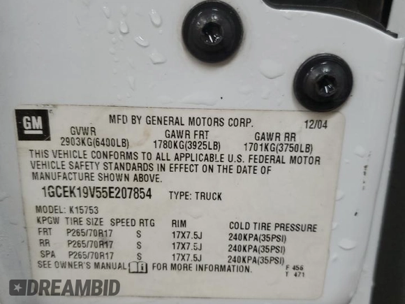 2005 Chevrolet Silverado 1500 with VIN 1GCEK19V55E207854, listed as a Copart auction lot 45152015 with 283,106 mi miles and Clean Title. Bid and sale history available at DreamBid. Image 13.
