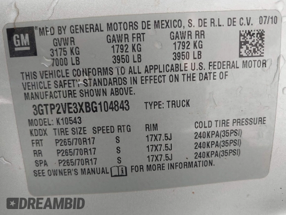 2011 GMC Sierra 1500 SLE with VIN 3GTP2VE3XBG104843, listed as a IAAI auction lot 41823410 with 162,125 mi miles and . Bid and sale history available at DreamBid. Image 9.