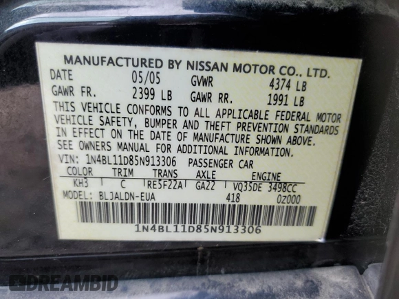 2005 Nissan Altima SE z VIN 1N4BL11D85N913306, wystawiony jako Copart lot #55780295 z przebiegiem 179 793 mil mil oraz Szkoda całkowita • Salvage title. Historia ofert i sprzedaży dostępna na DreamBid. Obrazek 12.