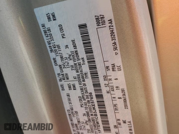 2018 Ford F-150 XL with VIN 1FTEW1CB3JKE57656, listed as a Copart auction lot 47735355 with 152,501 mi miles and Salvage title. Bid and sale history available at DreamBid. Image 12.