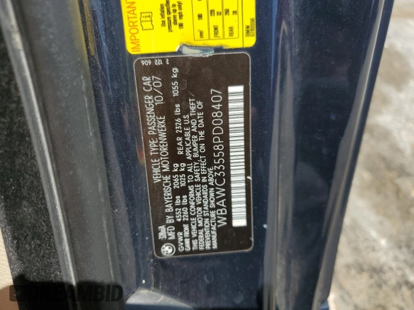 2008 BMW 3 Series 328xi z VIN WBAWC33558PD08407, wystawiony jako Copart lot #54255975 z przebiegiem 158 970 mil mil oraz Szkoda całkowita • Salvage title. Historia ofert i sprzedaży dostępna na DreamBid. Obrazek 12.