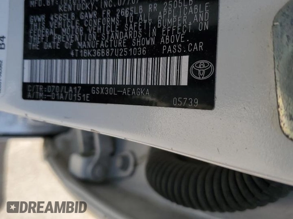 2007 Toyota Avalon XL z VIN 4T1BK36B87U251036, wystawiony jako Copart lot #52417095 z przebiegiem 218 502 mil mil oraz Szkoda całkowita • Salvage title. Historia ofert i sprzedaży dostępna na DreamBid. Obrazek 12.