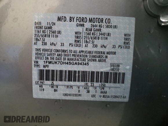 2025 Ford Explorer Active с VIN 1FMUK7DH4SGA94345, выставлен на аукционе Copart как лот 56385465 с пробегом 2 472 миль миль и Списание • Salvage title. История ставок и продаж доступна на DreamBid. Изображение 13.