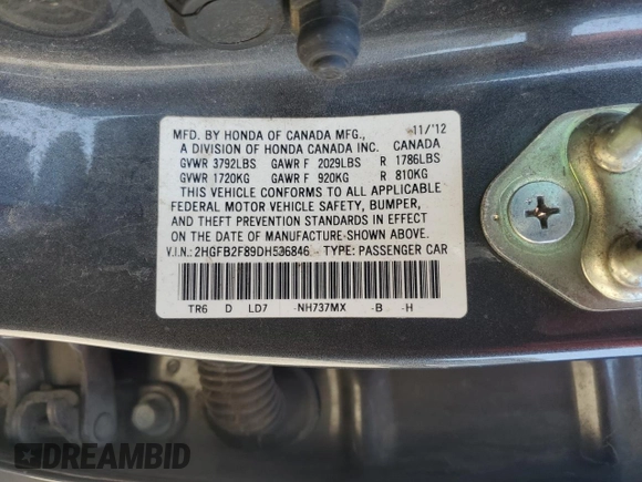 2013 Honda Civic EX with VIN 2HGFB2F89DH506846, listed as a Copart auction lot 53423285 with 92,542 mi miles and Salvage Title. Bid and sale history available at DreamBid. Image 12.