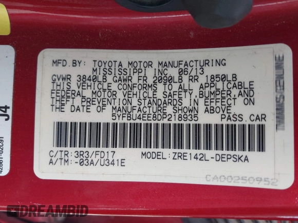 2013 Toyota Corolla L with VIN 5YFBU4EE8DP218935, listed as a IAAI auction lot 41881248 with 120,210 mi miles. Bid and sale history available at carsss.com. Image 9.