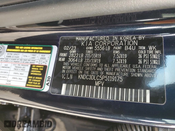 2023 Kia EV6 Wind with VIN KNDC3DLC5P5119175, listed as a Copart auction lot 75238384 with 3,478 mi miles and Salvage Title. Bid and sale history available at carsss.com. Image 12.
