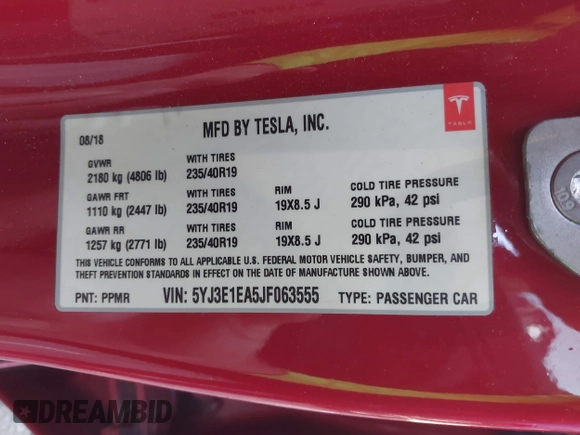 2018 Tesla Model 3 Long Range Battery with VIN 5YJ3E1EA5JF063555, listed as a IAAI auction lot 42028785 with 45,346 mi miles and . Bid and sale history available at DreamBid. Image 9.