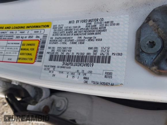 2013 Ford Fusion SE Hybrid with VIN 3FA6P0LUXDR349019, listed as a IAAI auction lot 42800125 with 143,089 mi miles and . Bid and sale history available at DreamBid. Image 9.