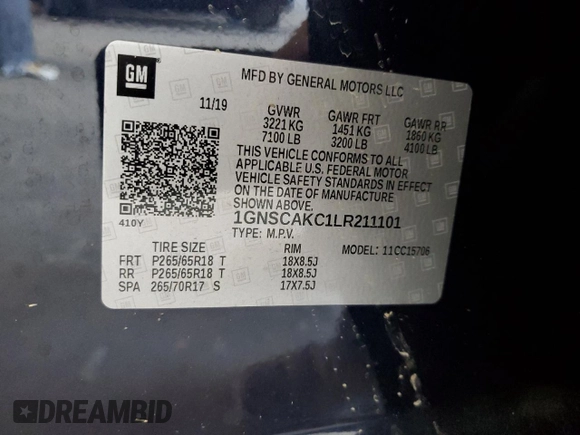 2020 Chevrolet Tahoe LS with VIN 1GNSCAKC1LR211101, listed as a Copart auction lot 59407755 with 81,939 mi miles and Salvage title. Bid and sale history available at DreamBid. Image 13.