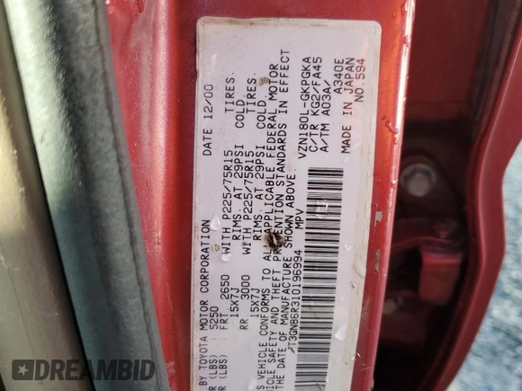 2001 Toyota 4Runner SR5 z VIN JT3GN86R310196994, wystawiony jako Copart lot #52255965 z przebiegiem 273 429 mil mil oraz Szkoda całkowita • Salvage title. Historia ofert i sprzedaży dostępna na DreamBid. Obrazek 14.