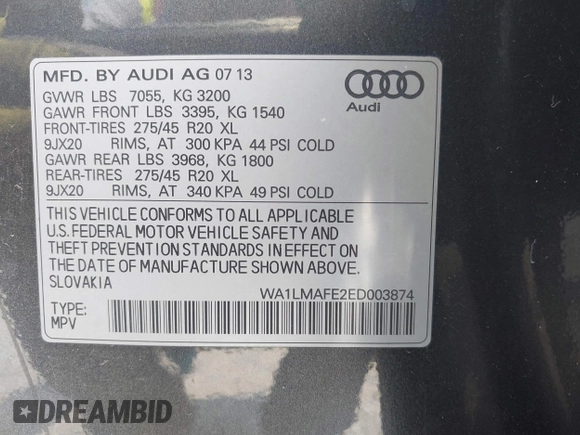 2014 Audi Q7 Premium Plus with VIN WA1LMAFE2ED003874, listed as a IAAI auction lot 42412169 with 65,621 mi miles and . Bid and sale history available at DreamBid. Image 9.