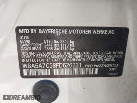 2015 BMW 5 Series 528i xDrive with VIN WBA5A7C58FD626221, listed as a IAAI auction lot 41984654 with 157,578 mi miles and . Bid and sale history available at carsss.com. Image 9.