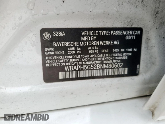 2011 BMW 3 Series 328i with VIN WBAPH5G52BNM80602, listed as a Copart auction lot 48222155 with 125,453 mi miles and Clean Title. Bid and sale history available at carsss.com. Image 12.