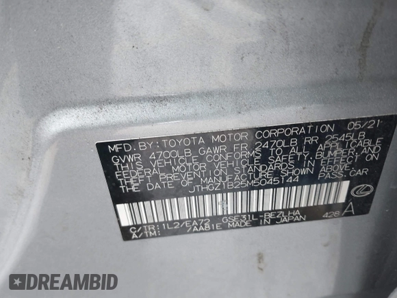 2021 Lexus IS 350 F Sport with VIN JTHGZ1B25M5045144, listed as a IAAI auction lot 41317284 with 69,029 mi miles and . Bid and sale history available at DreamBid. Image 9.