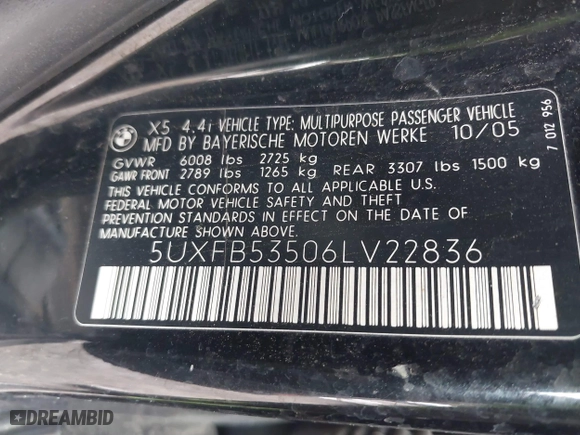 2006 BMW X5 4.4i with VIN 5UXFB53506LV22836, listed as a IAAI auction lot 41727708 with 186,084 mi miles. Bid and sale history available at carsss.com. Image 9.
