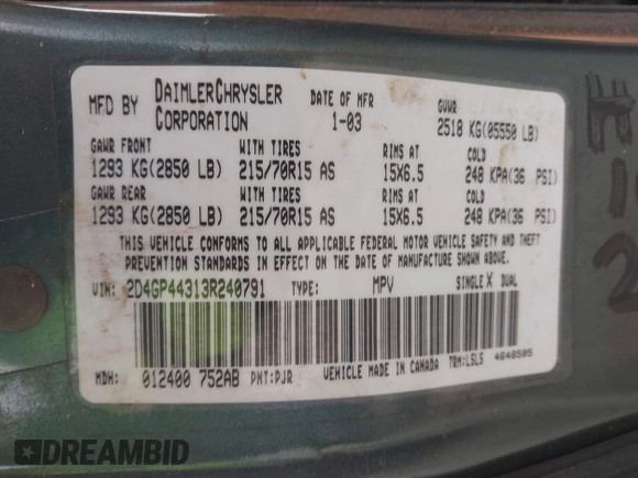 2003 Dodge Grand Caravan with VIN 2D4GP44313R240791, listed as a IAAI auction lot 41937009 with 231,913 mi miles and . Bid and sale history available at DreamBid. Image 9.
