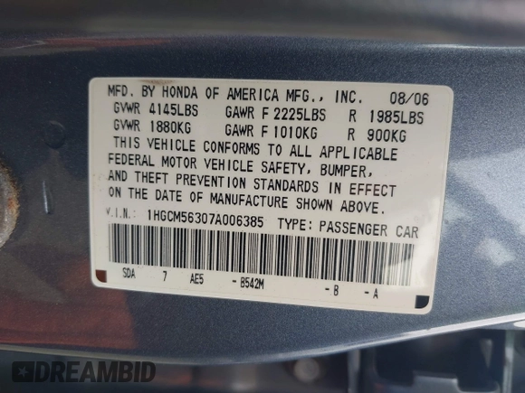 2007 Honda Accord LX SE с VIN 1HGCM56307A006385, выставлен на аукционе IAAI как лот 42432705 с пробегом 219 796 миль миль и . История ставок и продаж доступна на DreamBid. Изображение 9.