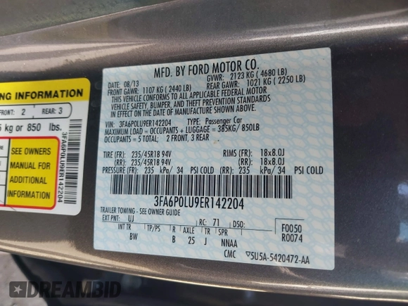 2014 Ford Fusion SE Hybrid with VIN 3FA6P0LU9ER142204, listed as a IAAI auction lot 41964308 with 177,499 mi miles. Bid and sale history available at carsss.com. Image 9.