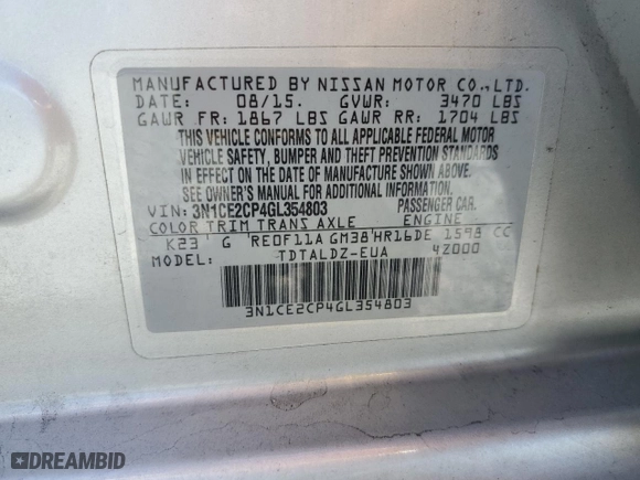 2016 Nissan Versa Note S with VIN 3N1CE2CP4GL354803, listed as a Copart auction lot 53086615 with 112,848 mi miles and Salvage Title. Bid and sale history available at carsss.com. Image 13.