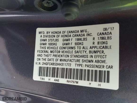 2017 Honda Civic Coupe LX with VIN 2HGFC4B53HH311772, listed as a IAAI auction lot 41896112 with 53,831 mi miles. Bid and sale history available at carsss.com. Image 9.