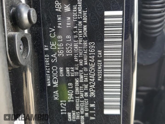 2022 Kia Rio S with VIN 3KPA24AD5NE441693, listed as a Copart auction lot 59538034 with 23,894 mi miles and Clean Title. Bid and sale history available at DreamBid. Image 12.