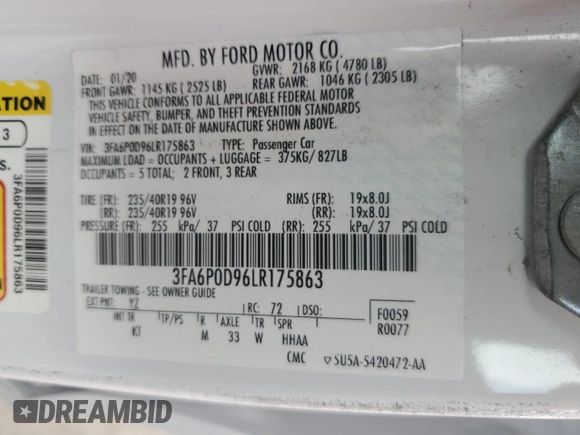2020 Ford Fusion Titanium with VIN 3FA6P0D96LR175863, listed as a Copart auction lot 60570305 with 76,064 mi miles and Salvage title. Bid and sale history available at DreamBid. Image 12.