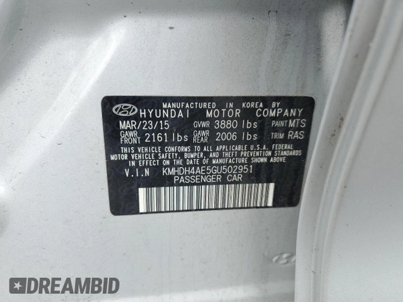 2016 Hyundai Elantra SE с VIN KMHDH4AE5GU502951, выставлен на аукционе Copart как лот 60399795 с пробегом 83 080 миль миль и Списание • Salvage title. История ставок и продаж доступна на DreamBid. Изображение 13.