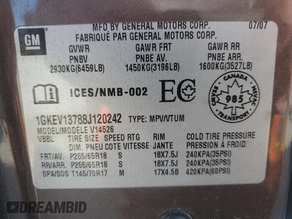 2008 GMC Acadia SLE1 z VIN 1GKEV13788J120242, wystawiony jako Copart lot #55488415 z przebiegiem Nie podano mil oraz Nie do naprawy • Non repairable. Historia ofert i sprzedaży dostępna na DreamBid. Obrazek 13.