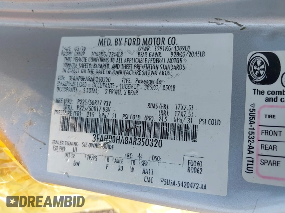 2010 Ford Fusion SE z VIN 3FAHP0HA8AR350320, wystawiony jako IAAI lot #42431622 z przebiegiem 245 719 mil mil oraz . Historia ofert i sprzedaży dostępna na DreamBid. Obrazek 9.