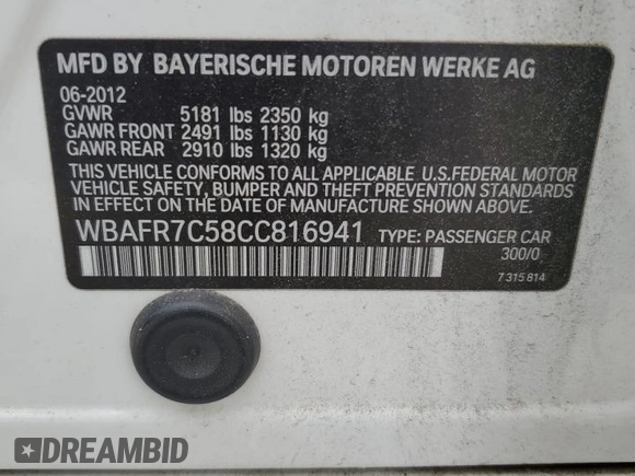 2012 BMW 5 Series 535i z VIN WBAFR7C58CC816941, wystawiony jako Copart lot #55422515 z przebiegiem 108 895 mil mil oraz Szkoda całkowita • Salvage title. Historia ofert i sprzedaży dostępna na DreamBid. Obrazek 12.