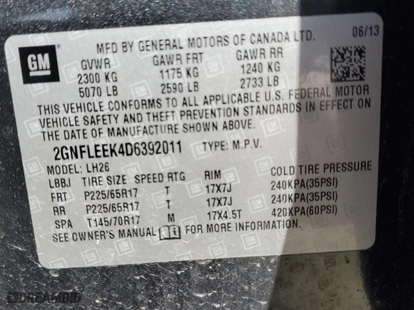 2013 Chevrolet Equinox LT with VIN 2GNFLEEK4D6392011, listed as a Copart auction lot 52758915 with 124,009 mi miles and Salvage Title. Bid and sale history available at carsss.com. Image 13.