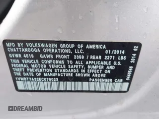 2014 Volkswagen Passat SE with VIN 1VWBT7A32EC070023, listed as a IAAI auction lot 42202567 with 116,438 mi miles and . Bid and sale history available at DreamBid. Image 9.