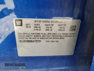 2016 Chevrolet Sonic LT with VIN 1G1JC6SB0G4175731, listed as a Copart auction lot 41773445 with 77,636 mi miles and Salvage Title. Bid and sale history available at carsss.com. Image 12.