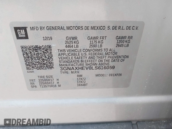 2020 Chevrolet Equinox LS with VIN 3GNAXHEV0LS616059, listed as a IAAI auction lot 41718865 with 98,842 mi miles and . Bid and sale history available at DreamBid. Image 9.