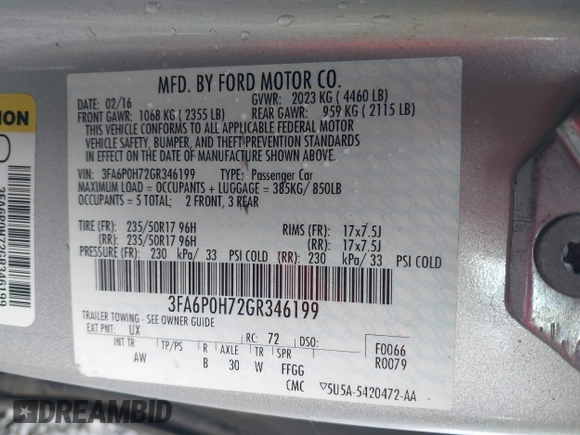 2016 Ford Fusion SE with VIN 3FA6P0H72GR346199, listed as a IAAI auction lot 38430808 with 162,568 mi miles. Bid and sale history available at carsss.com. Image 9.