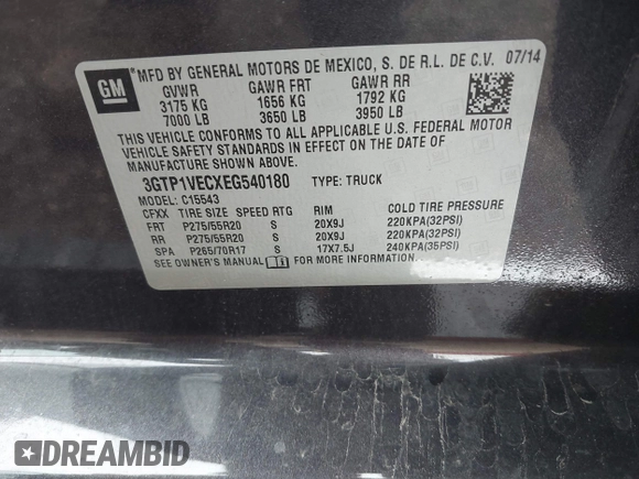 2014 GMC Sierra 1500 SLT with VIN 3GTP1VECXEG540180, listed as a IAAI auction lot 41435831 with 281,135 mi miles and . Bid and sale history available at DreamBid. Image 9.