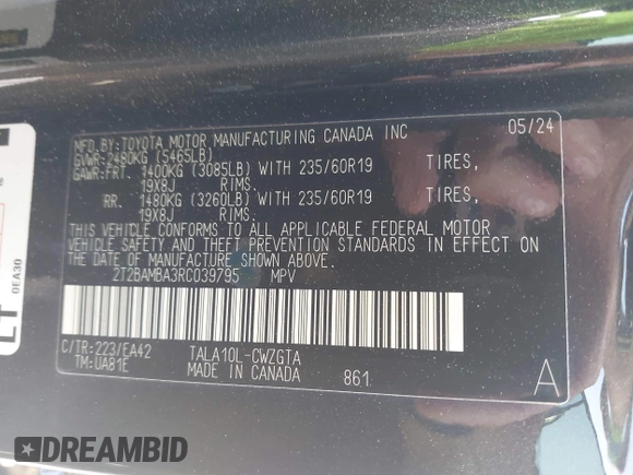 2024 Lexus RX 350 with VIN 2T2BAMBA3RC039795, listed as a IAAI auction lot 42324555 with 19,061 mi miles and . Bid and sale history available at DreamBid. Image 9.